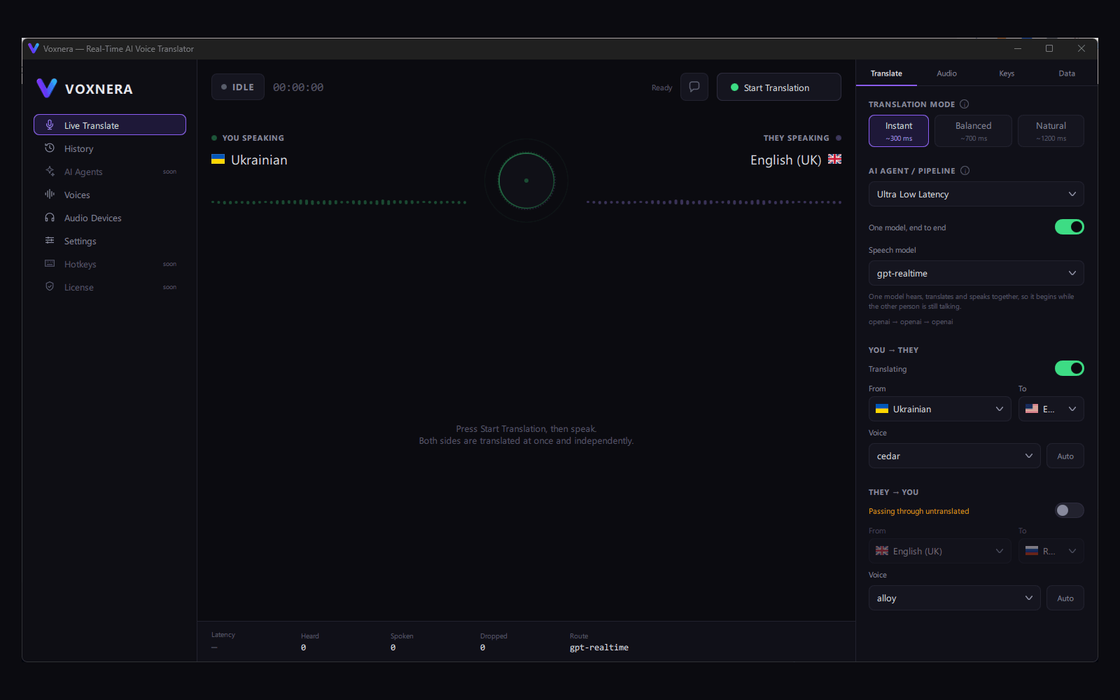 The conversation screen. Your side is green and theirs is violet, everywhere — that mapping replaces most of the labels. Measured latency and the route in use sit along the bottom; the mode, the model, the languages and the voices sit on the right.